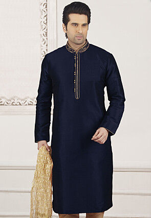 Embroidered Dupion Silk Kurta in Navy Blue