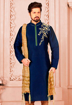 Embroidered Dupion Silk Kurta in Navy Blue