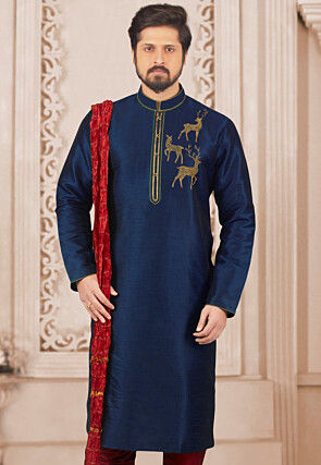 Embroidered Dupion Silk Kurta in Navy Blue