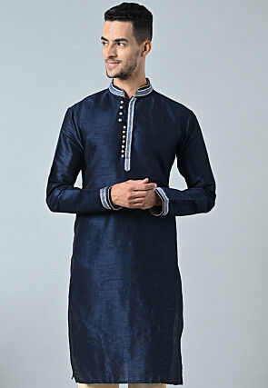 Embroidered Dupion Silk Kurta in Navy Blue