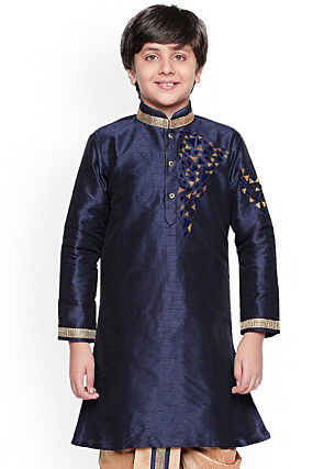 Embroidered Dupion Silk Kurta in Navy Blue