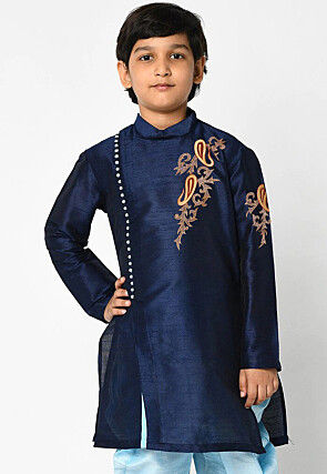 Embroidered Dupion Silk Kurta in Navy Blue