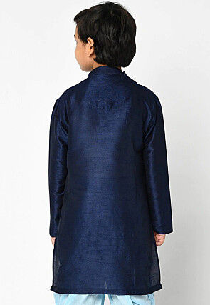 Embroidered Dupion Silk Kurta in Navy Blue