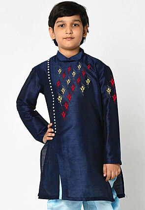 Embroidered Dupion Silk Kurta in Navy Blue