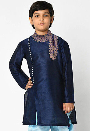 Embroidered Dupion Silk Kurta in Navy Blue