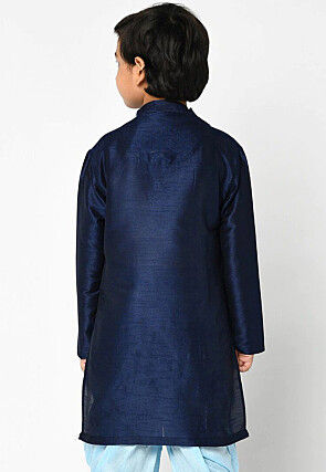 Embroidered Dupion Silk Kurta in Navy Blue