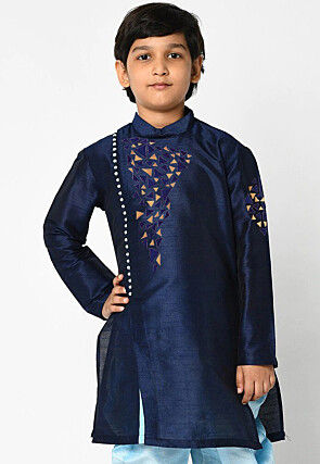 Embroidered Dupion Silk Kurta in Navy Blue