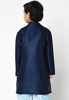 Embroidered Dupion Silk Kurta in Navy Blue