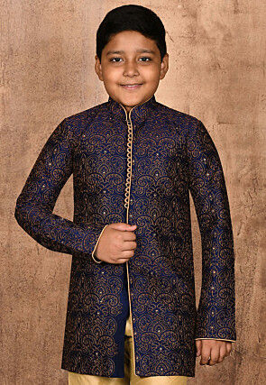 Embroidered Dupion Silk Kurta in Navy Blue