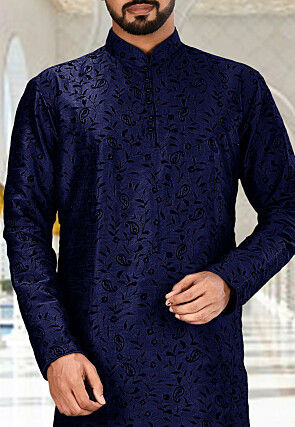 Embroidered Dupion Silk Kurta in Navy Blue