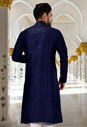 Embroidered Dupion Silk Kurta in Navy Blue