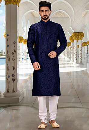 Embroidered Dupion Silk Kurta in Navy Blue