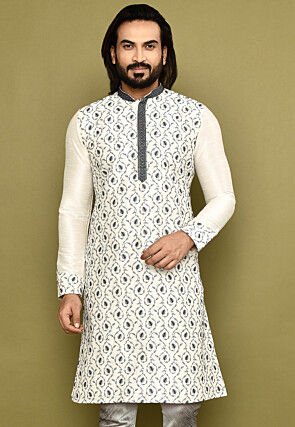 Embroidered Dupion Silk Kurta in Off White