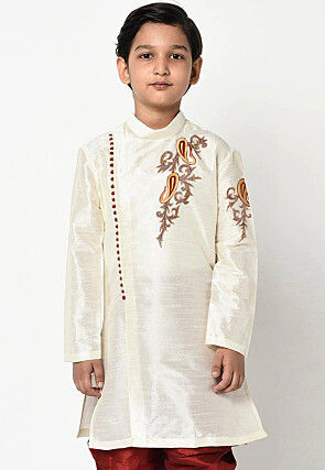 Embroidered Dupion Silk Kurta in Off White