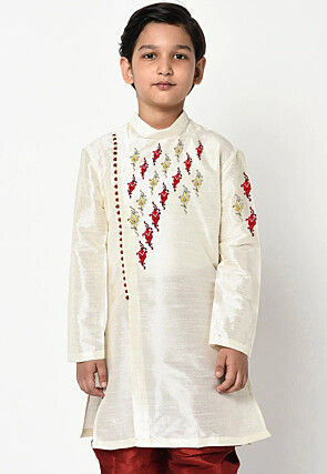 Embroidered Dupion Silk Kurta in Off White