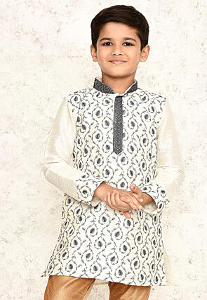 Embroidered Dupion Silk Kurta in Off White