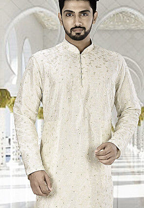 Embroidered Dupion Silk Kurta in Off White