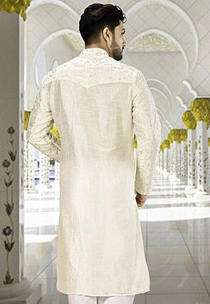 Embroidered Dupion Silk Kurta in Off White