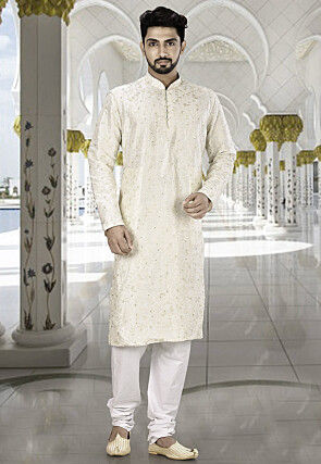 Embroidered Dupion Silk Kurta in Off White