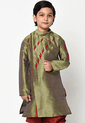 Embroidered Dupion Silk Kurta in Olive Green