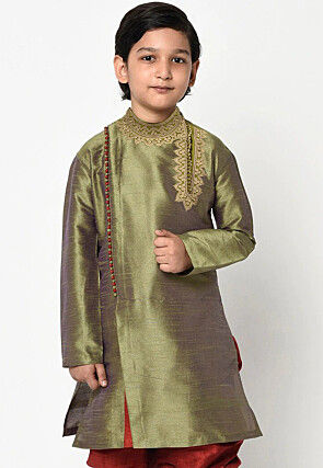 Embroidered Dupion Silk Kurta in Olive Green