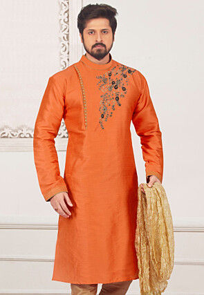 Embroidered Dupion Silk Kurta in Orange