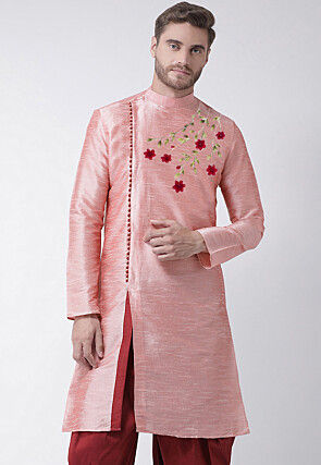 Embroidered Dupion Silk Kurta in Peach