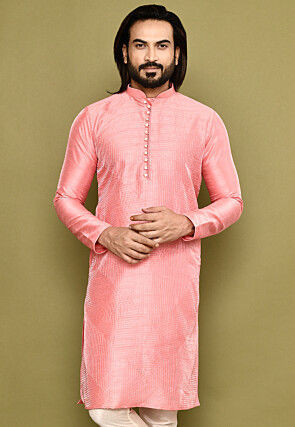 Embroidered Dupion Silk Kurta in Pink