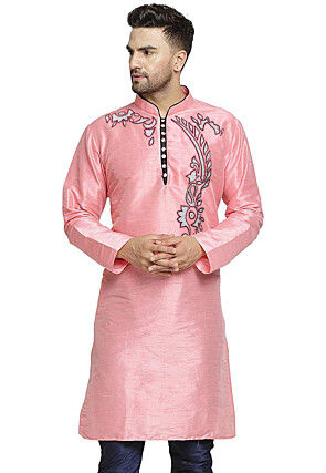 Embroidered Dupion Silk Kurta in Pink