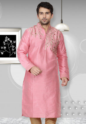 Embroidered Dupion Silk Kurta in Pink
