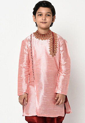 Embroidered Dupion Silk Kurta in Pink
