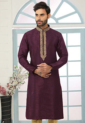 Embroidered Dupion Silk Kurta in Purple