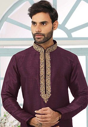 Embroidered Dupion Silk Kurta in Purple
