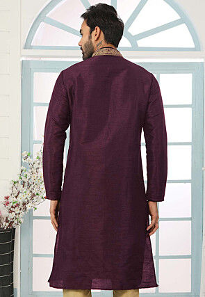 Embroidered Dupion Silk Kurta in Purple