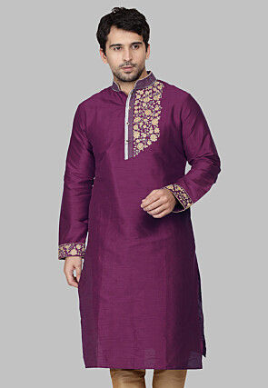 Embroidered Dupion Silk Kurta in Purple