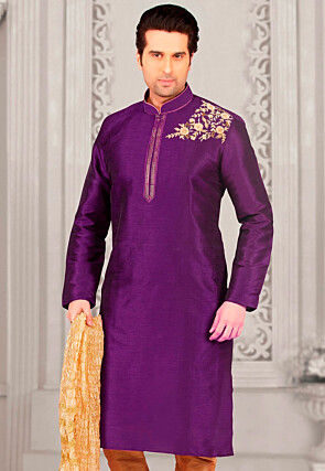 Embroidered Dupion Silk Kurta in Purple