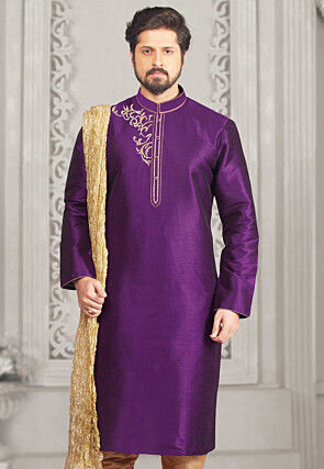 Embroidered Dupion Silk Kurta in Purple