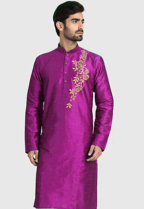 Embroidered Dupion Silk Kurta in Purple