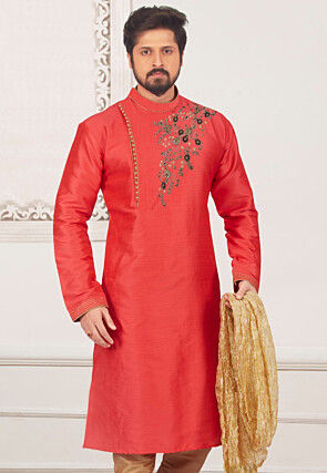 Embroidered Dupion Silk Kurta in Red