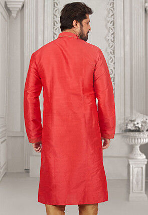 Embroidered Dupion Silk Kurta in Red