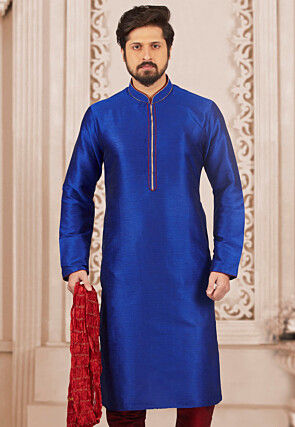 Embroidered Dupion Silk Kurta in Royal Blue