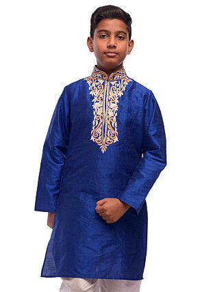 Embroidered Dupion Silk Kurta in Royal Blue