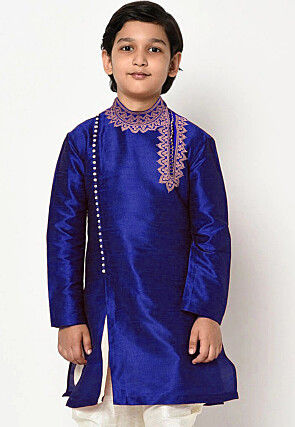 Embroidered Dupion Silk Kurta in Royal Blue