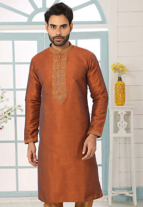 Embroidered Dupion Silk Kurta in Rust