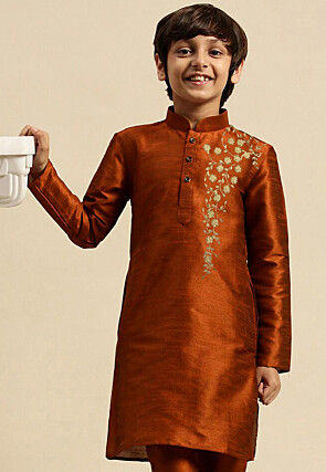 Embroidered Dupion Silk Kurta in Rust