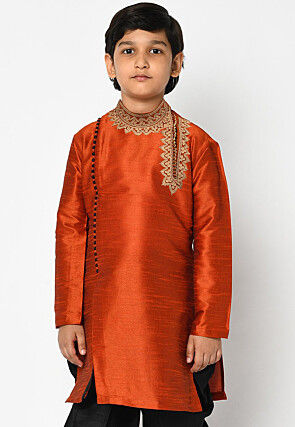 Embroidered Dupion Silk Kurta in Rust