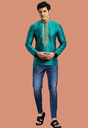 Embroidered Dupion Silk Short Kurta in Teal Blue