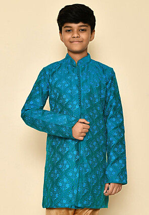 Embroidered Dupion Silk Kurta in Teal Blue
