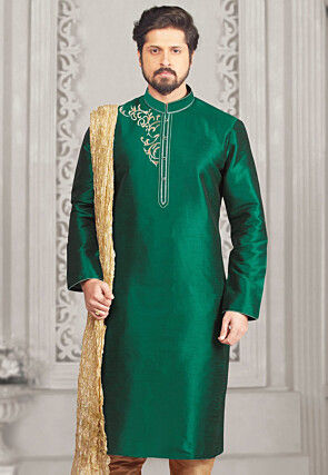 Embroidered Dupion Silk Kurta in Teal Green