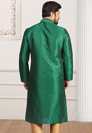 Embroidered Dupion Silk Kurta in Teal Green
